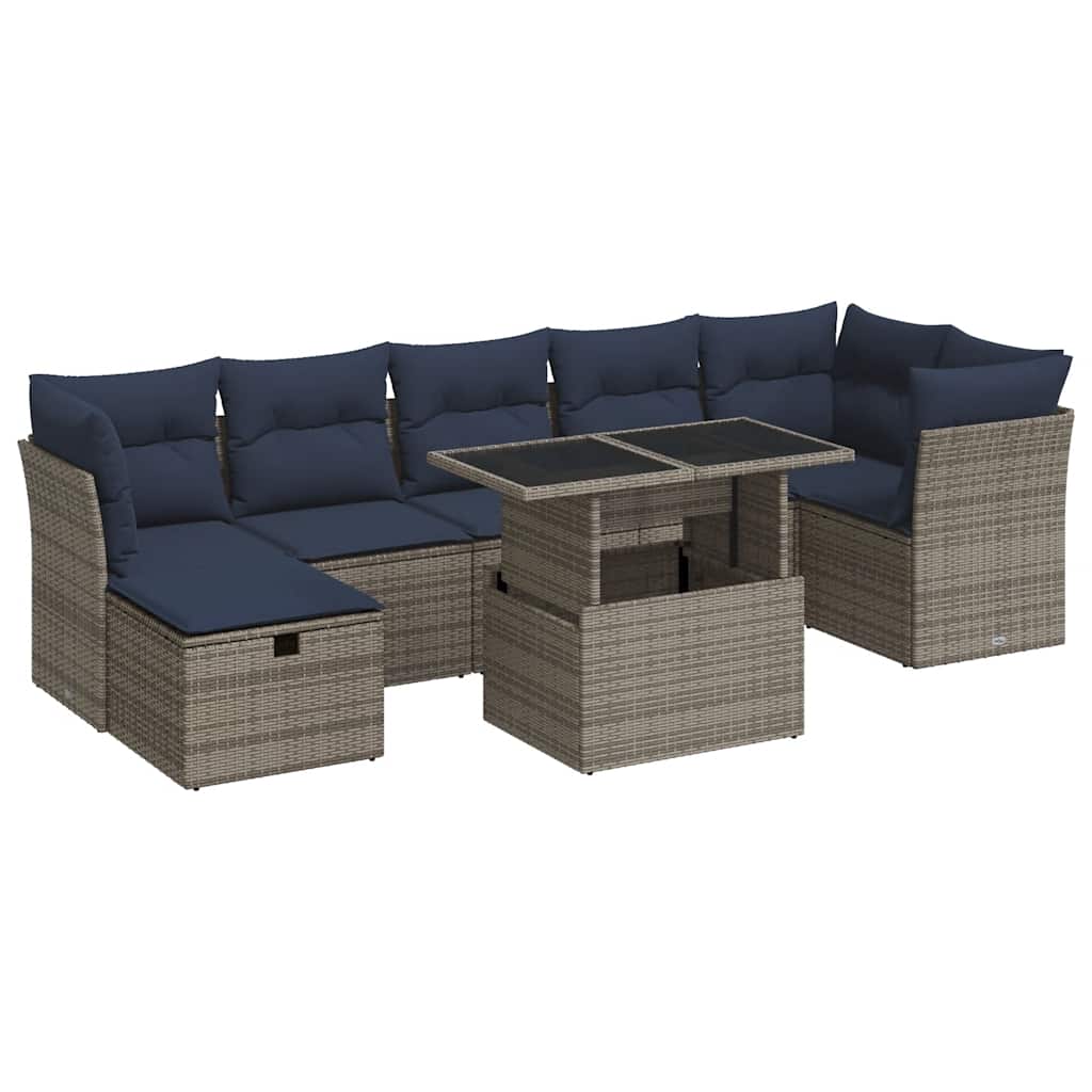 8-tlg. Garten-Sofagarnitur mit Kissen Grau Poly Rattan Akazie
