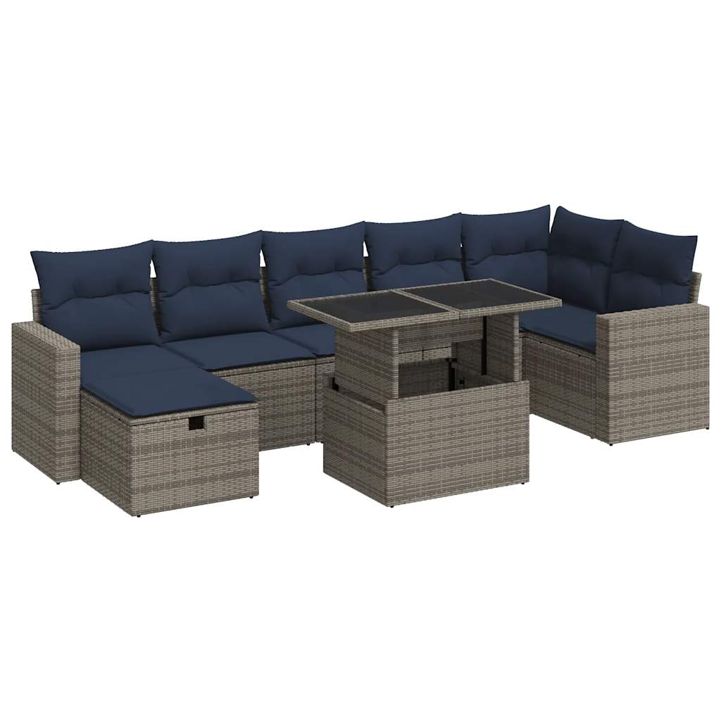 8-tlg. Garten-Sofagarnitur mit Kissen Grau Poly Rattan Akazie