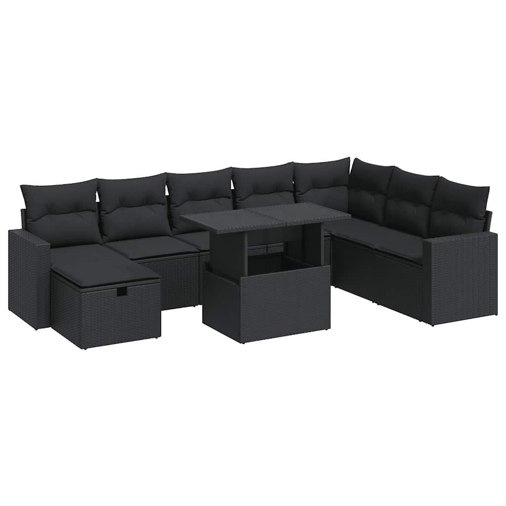 9-tlg. Garten-Sofagarnitur mit Kissen Schwarz Poly Rattan
