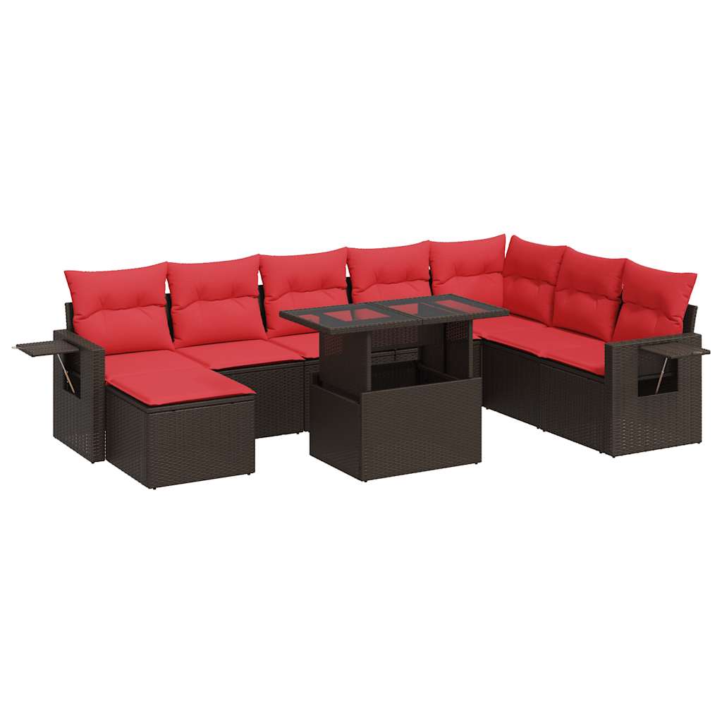 9-tlg. Garten-Sofagarnitur mit Kissen Braun Poly Rattan