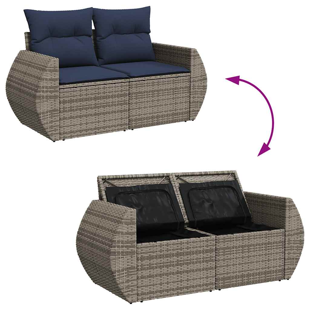 7-tlg. Garten-Sofagarnitur mit Kissen Grau Poly Rattan Akazie
