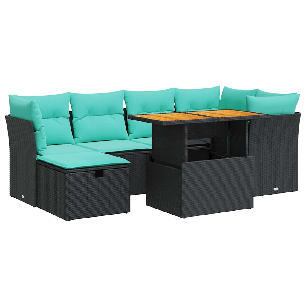 7-tlg. Garten-Sofagarnitur mit Kissen Braun Poly Rattan Akazie