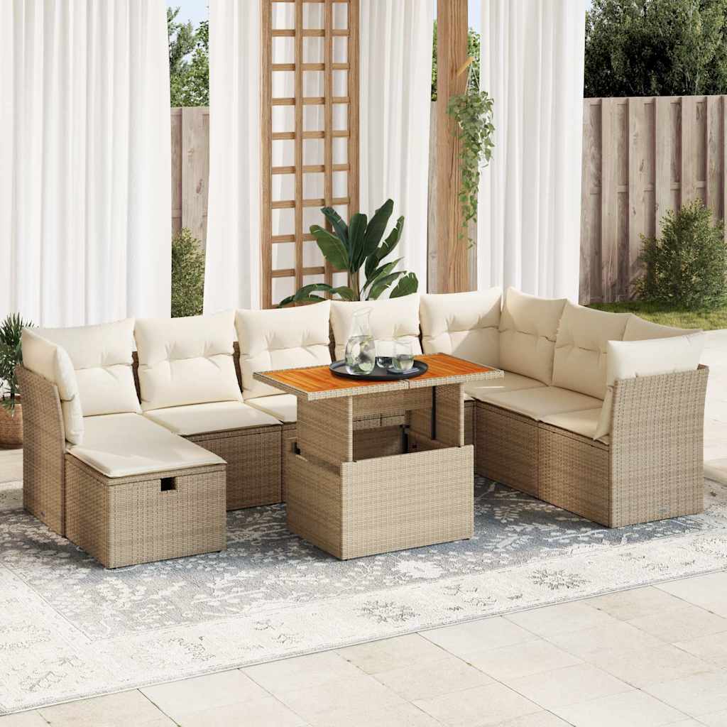 9-tlg. Garten-Sofagarnitur mit Kissen Beige Poly Rattan Akazie