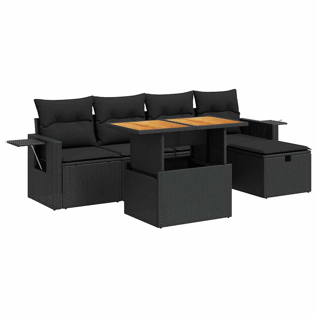 6-tlg. Garten-Sofagarnitur mit Kissen Schwarz Poly Rattan