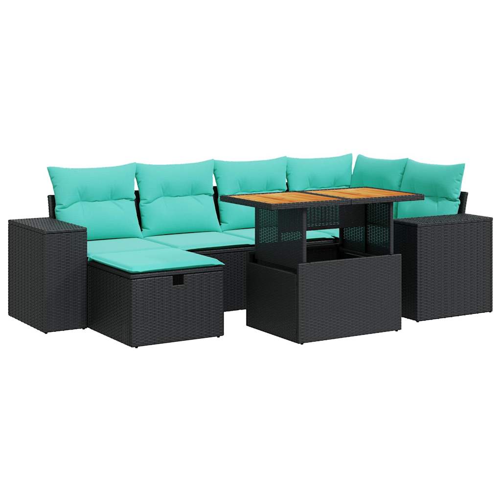 7-tlg. Garten-Sofagarnitur mit Kissen Grau Poly Rattan Akazie
