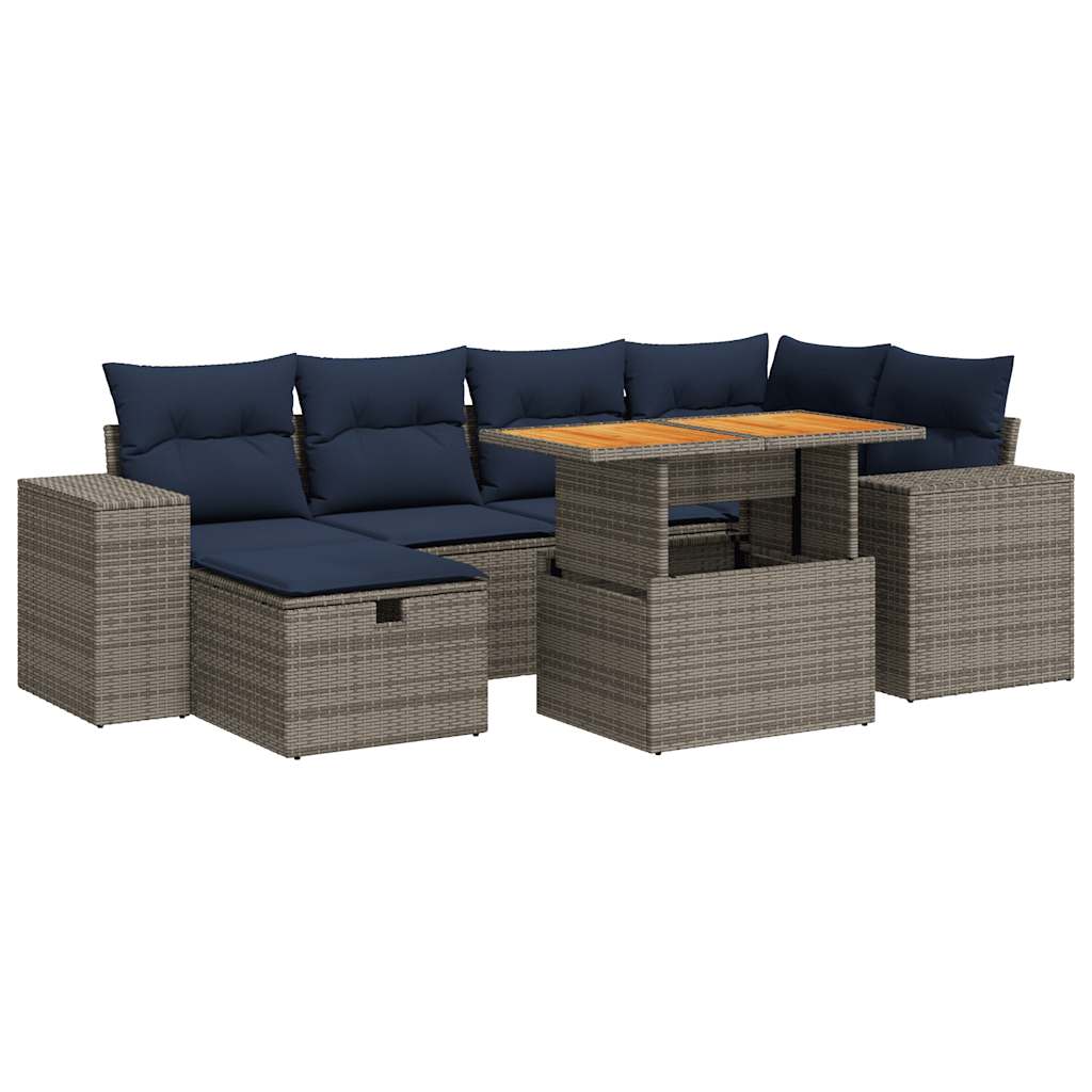 7-tlg. Garten-Sofagarnitur mit Kissen Braun Poly Rattan Akazie