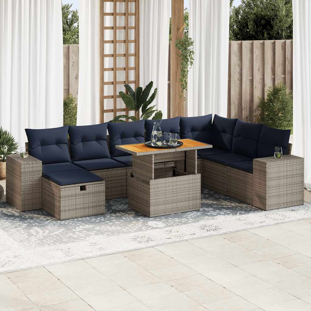 9-tlg. Garten-Sofagarnitur mit Kissen Grau Poly Rattan Akazie