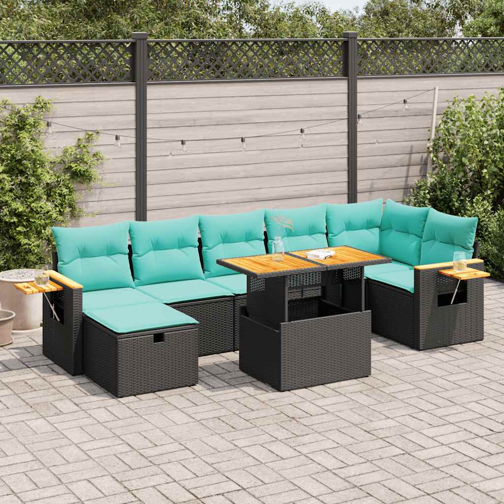 8-tlg. Garten-Sofagarnitur mit Kissen Grau Poly Rattan Akazie