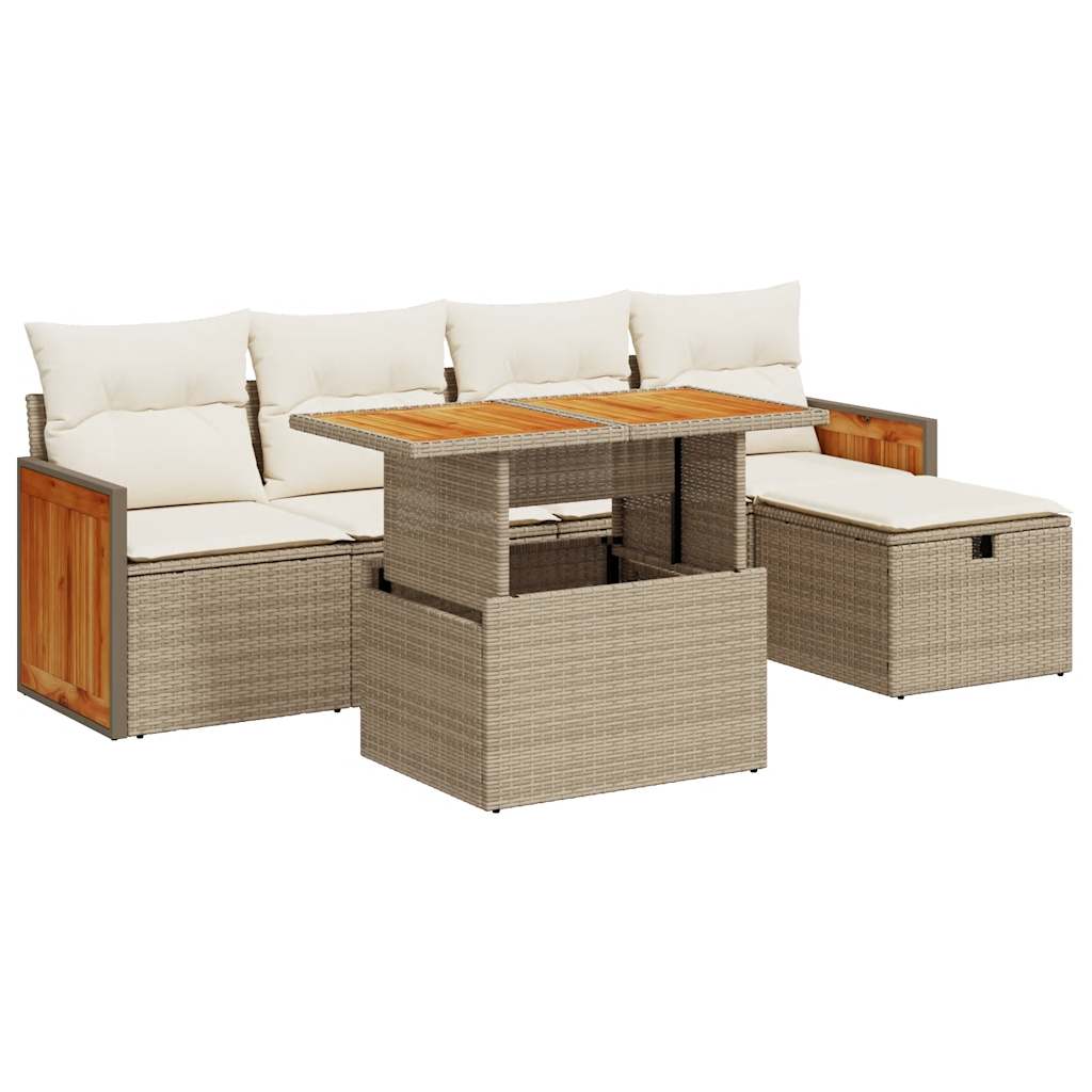 6-tlg. Garten-Sofagarnitur mit Kissen Beige Poly Rattan