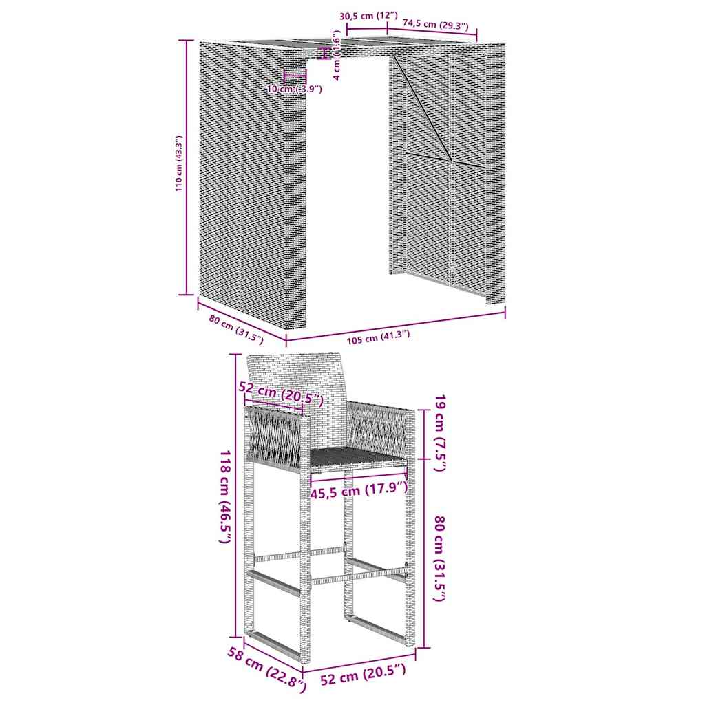 3-tlg. Gartenbar-Set ohne Kissen Grau Poly Rattan Akazie