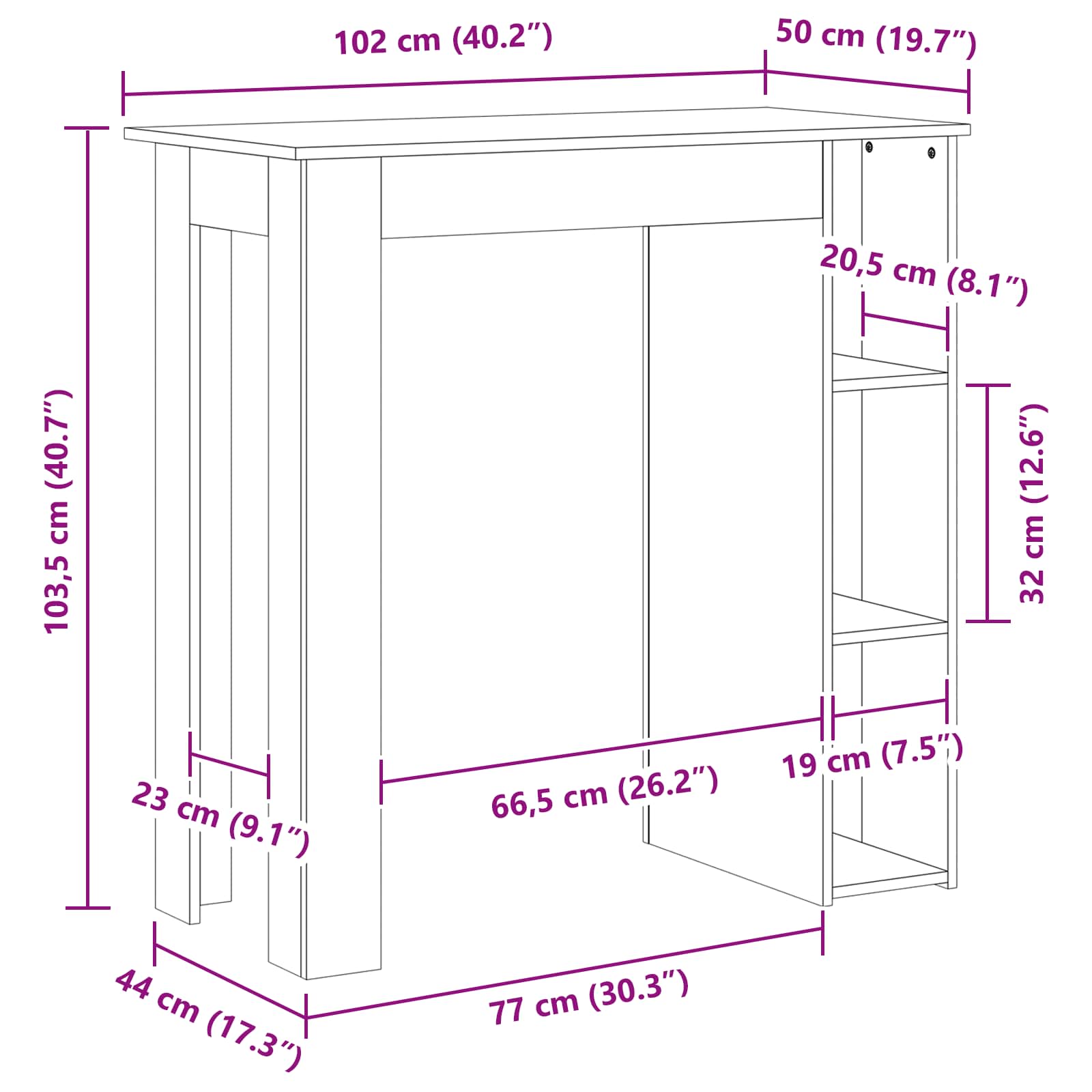 Bartisch Schwarz Eichen-Optik 102 x 50 x 103,5 cm Holzwerkstoff