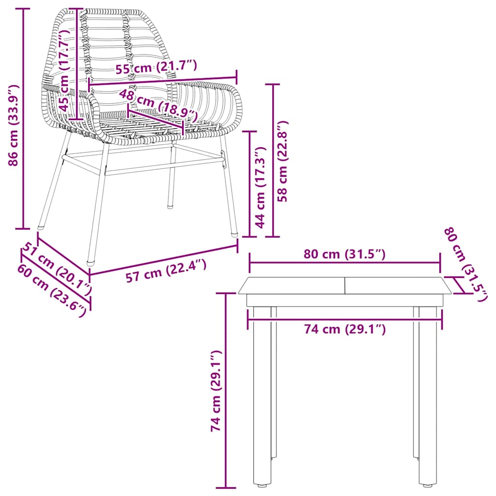 3-teiliges Garten-Esszimmer-Set Braunes Polyrattanglas