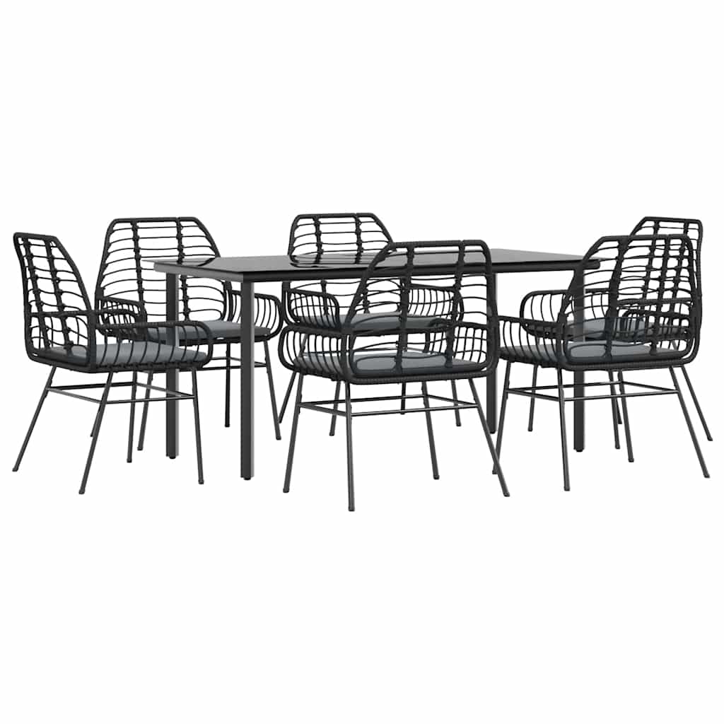 7-tlg. Garten-Essgruppe mit Kissen Schwarz Poly Rattan Glas