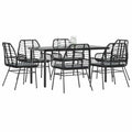 7-tlg. Garten-Essgruppe mit Kissen Schwarz Poly Rattan Glas