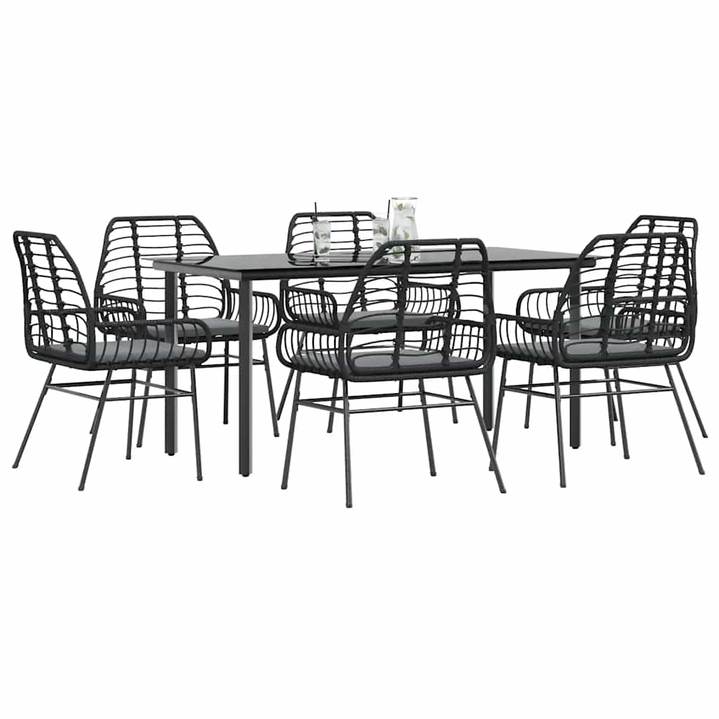 7-tlg. Garten-Essgruppe mit Kissen Schwarz Poly Rattan Glas