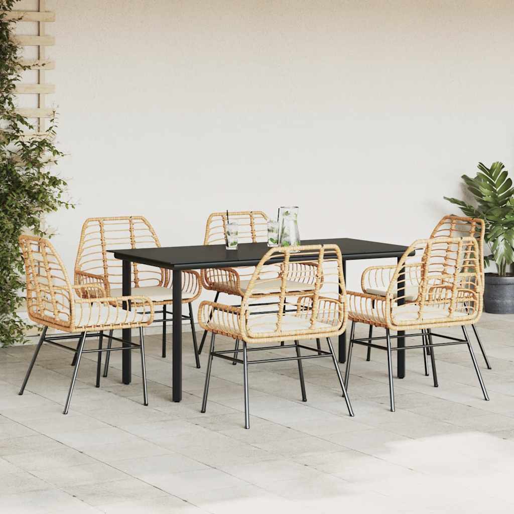 7-tlg. Garten-Essgruppe mit Kissen Braun Poly Rattan Glas