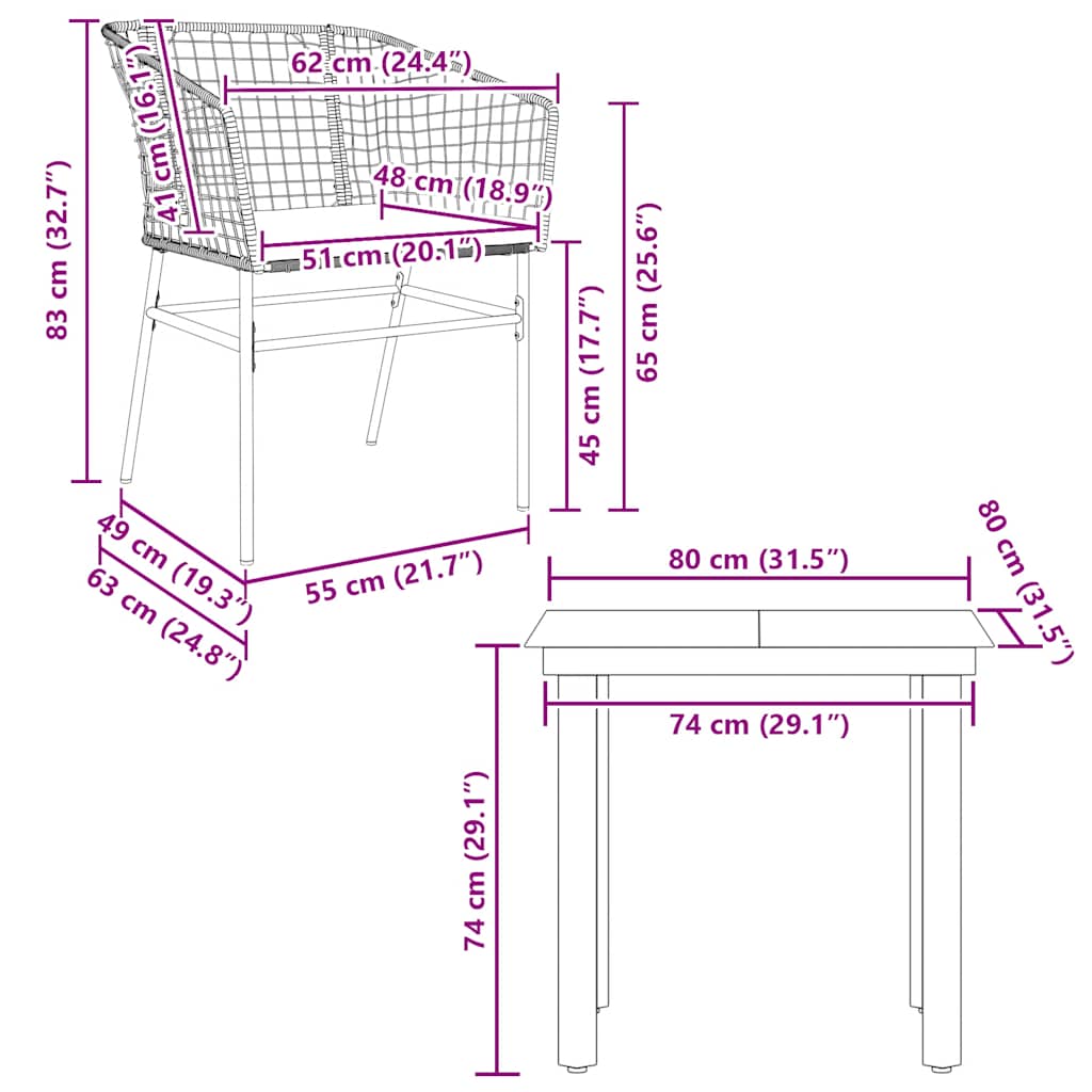 3-tlg. Garten-Essgruppe mit Kissen Schwarz Poly Rattan Glas