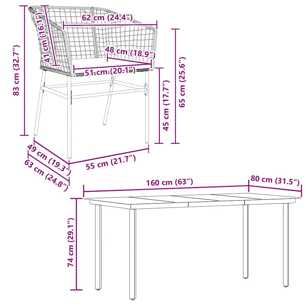 5-tlg. Garten-Essgruppe mit Kissen Schwarz Poly Rattan Glas