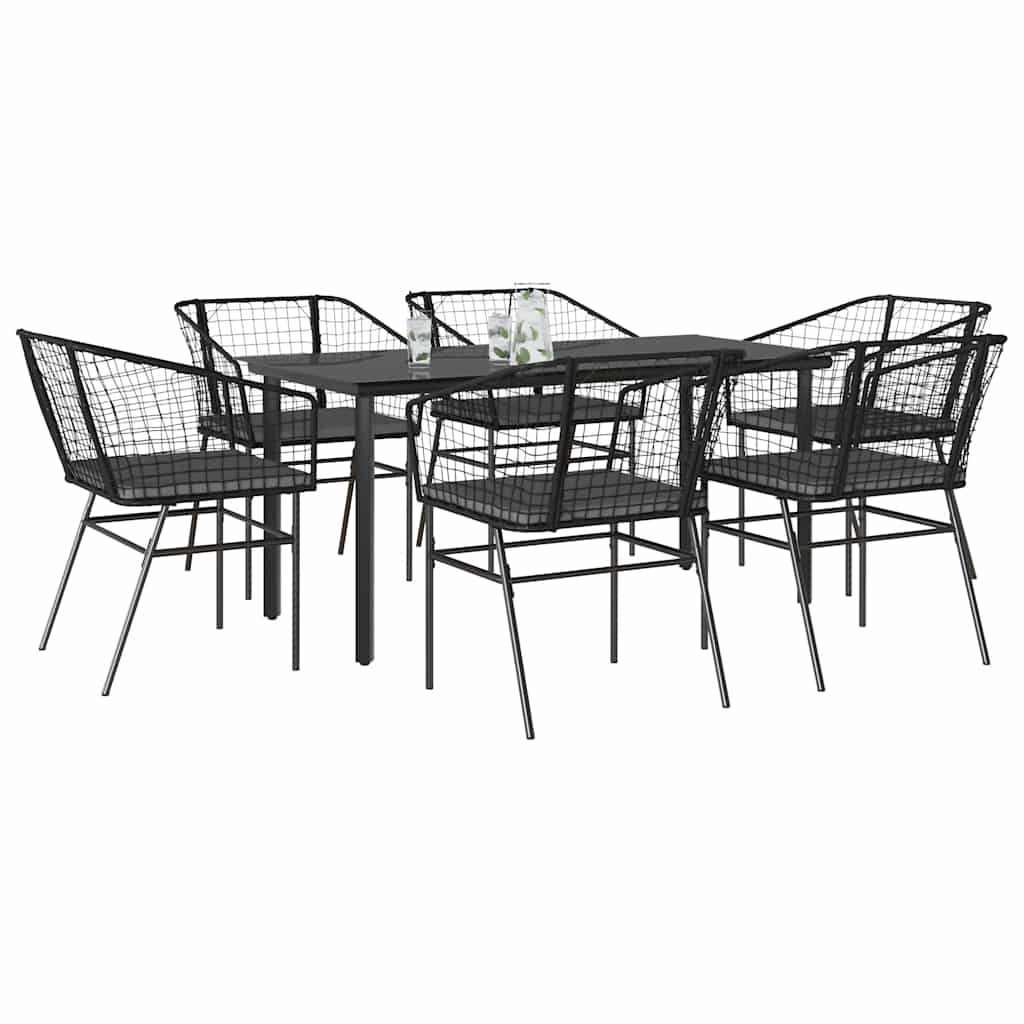 7-tlg. Garten-Essgruppe mit Kissen Schwarz Poly Rattan Glas