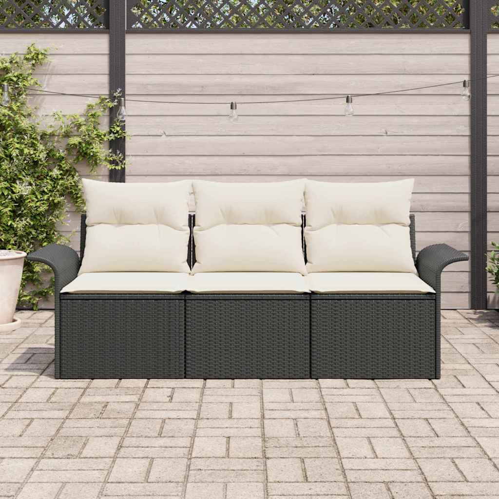 Sofa Set mit Kissen 3 pcs Schwarz Poly-Rattan
