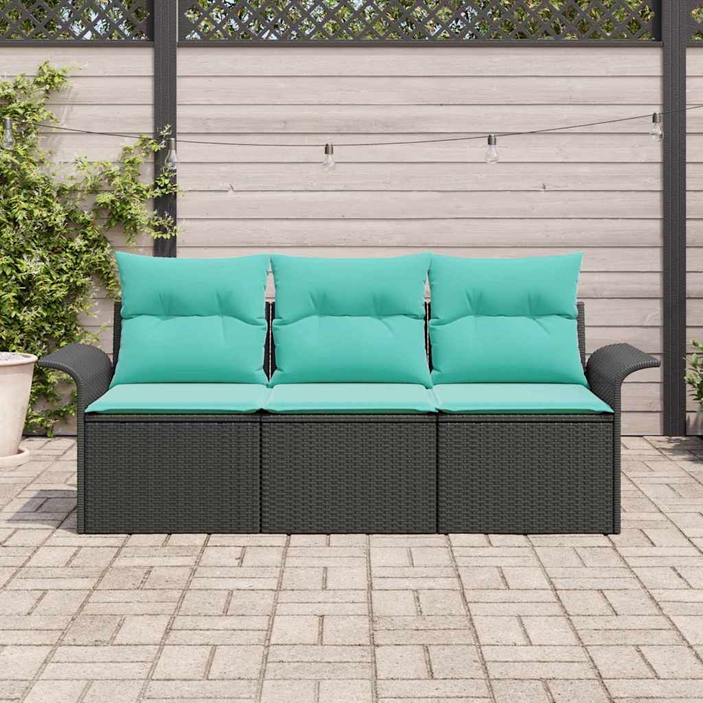 Sofa Set mit Kissen 3 pcs Schwarz und Blau Poly-Rattan