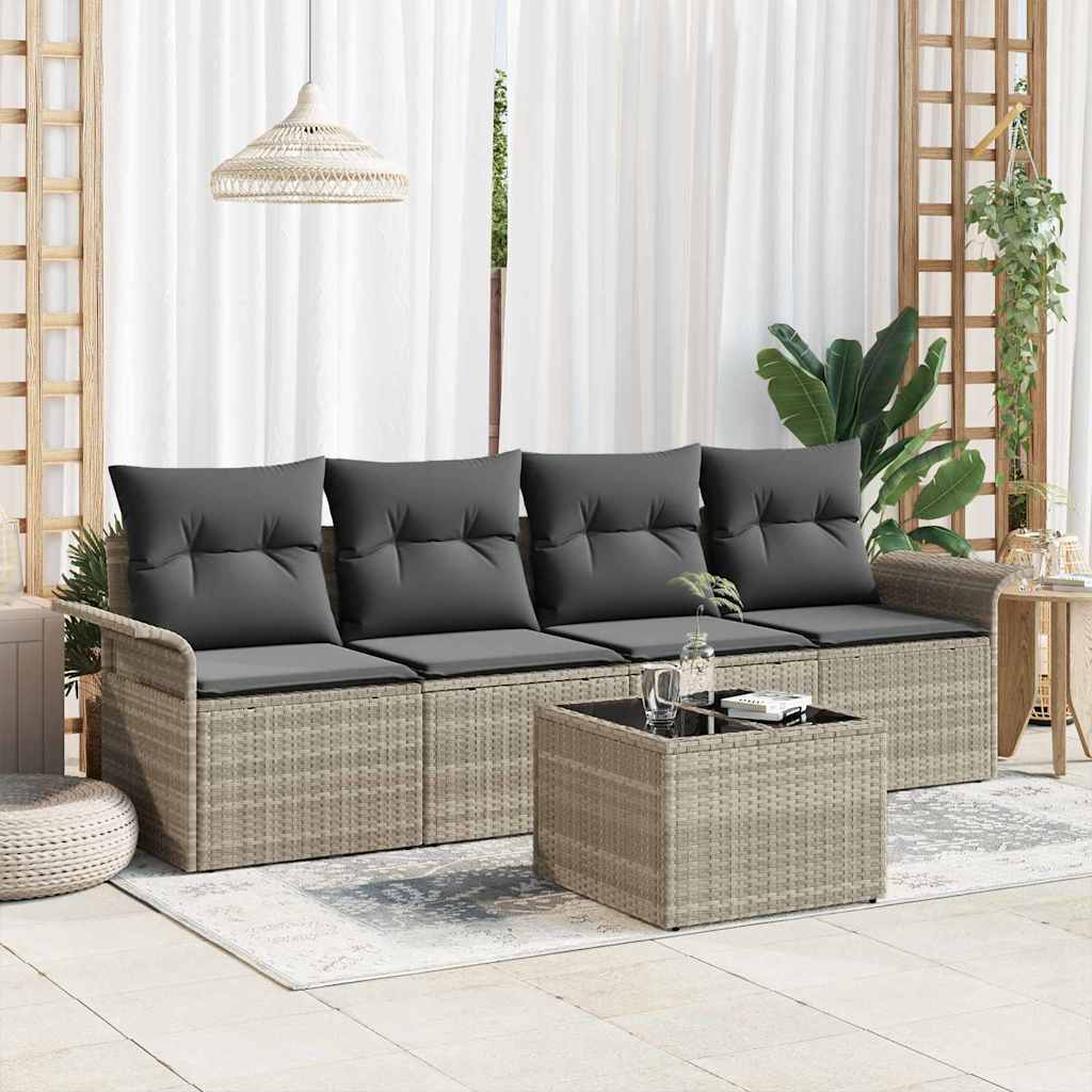 Sofa Set mit Kissen 5 pcs Hellgrau Poly-Rattan