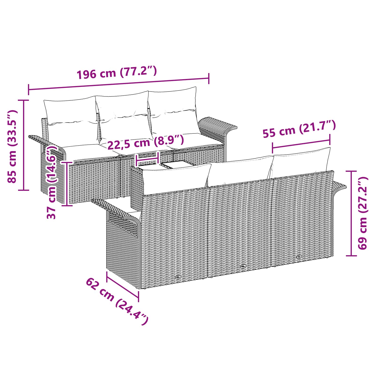Gartensofa-set mit Kissen 7 pcs Schwarz Poly-Rattan