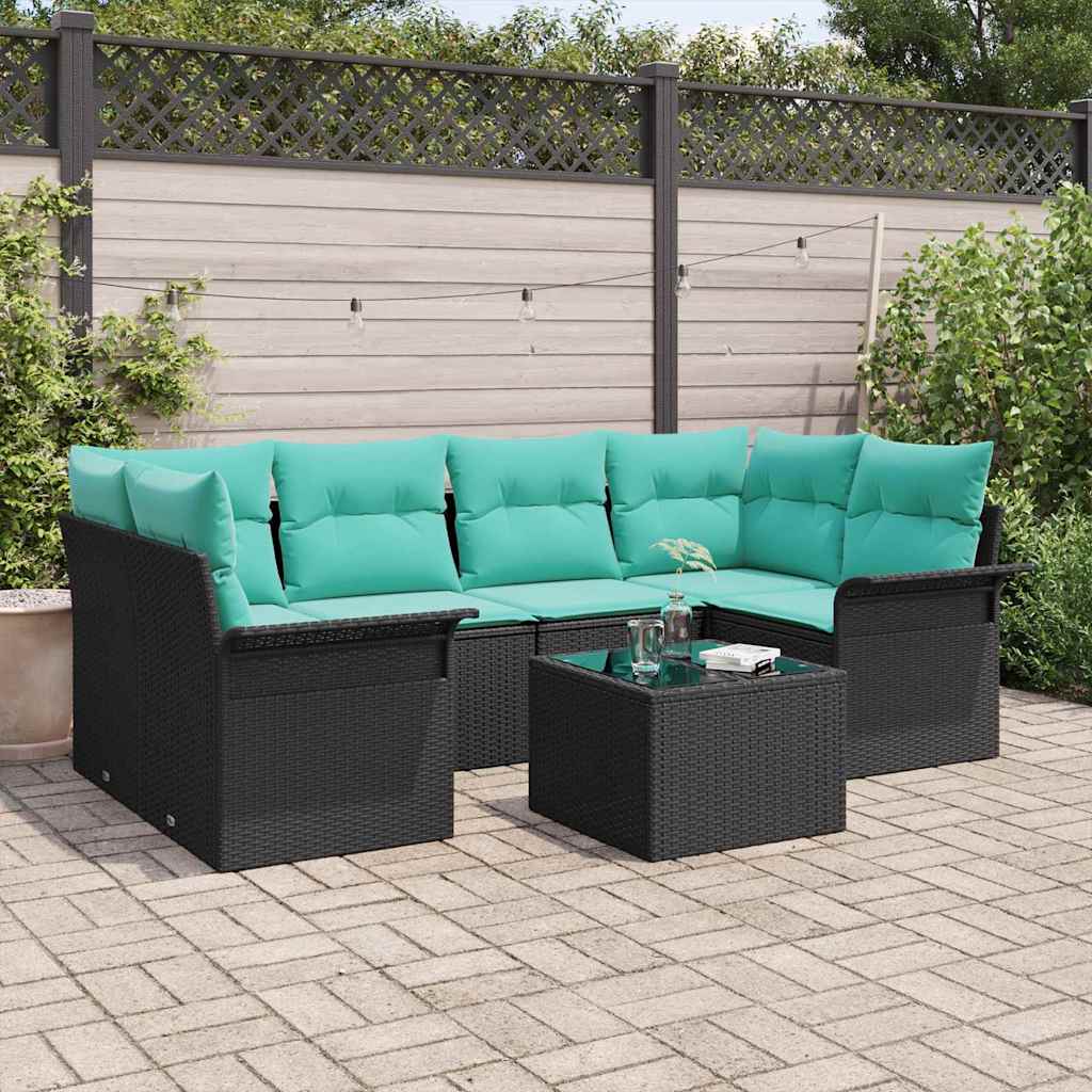 Gartensofa-set mit Kissen 7 pcs Schwarz Poly-Rattan