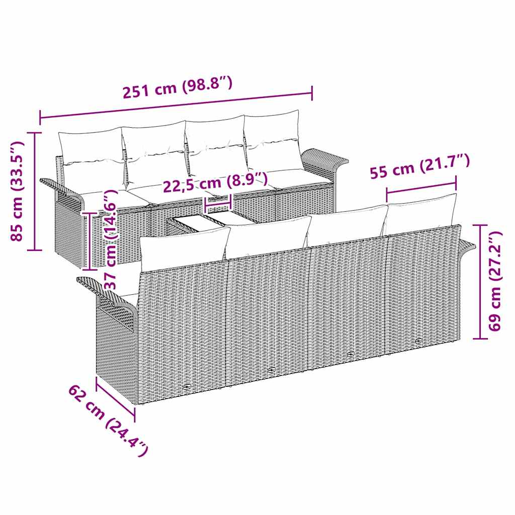 Gartensofa-set mit Kissen 9 pcs Hellgrau Poly-Rattan
