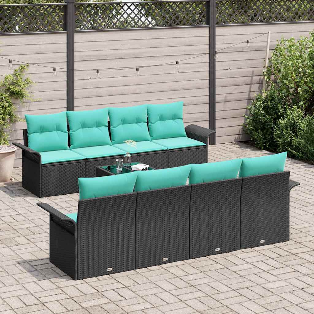 Gartensofa-set mit Kissen 9 pcs Schwarz Poly-Rattan