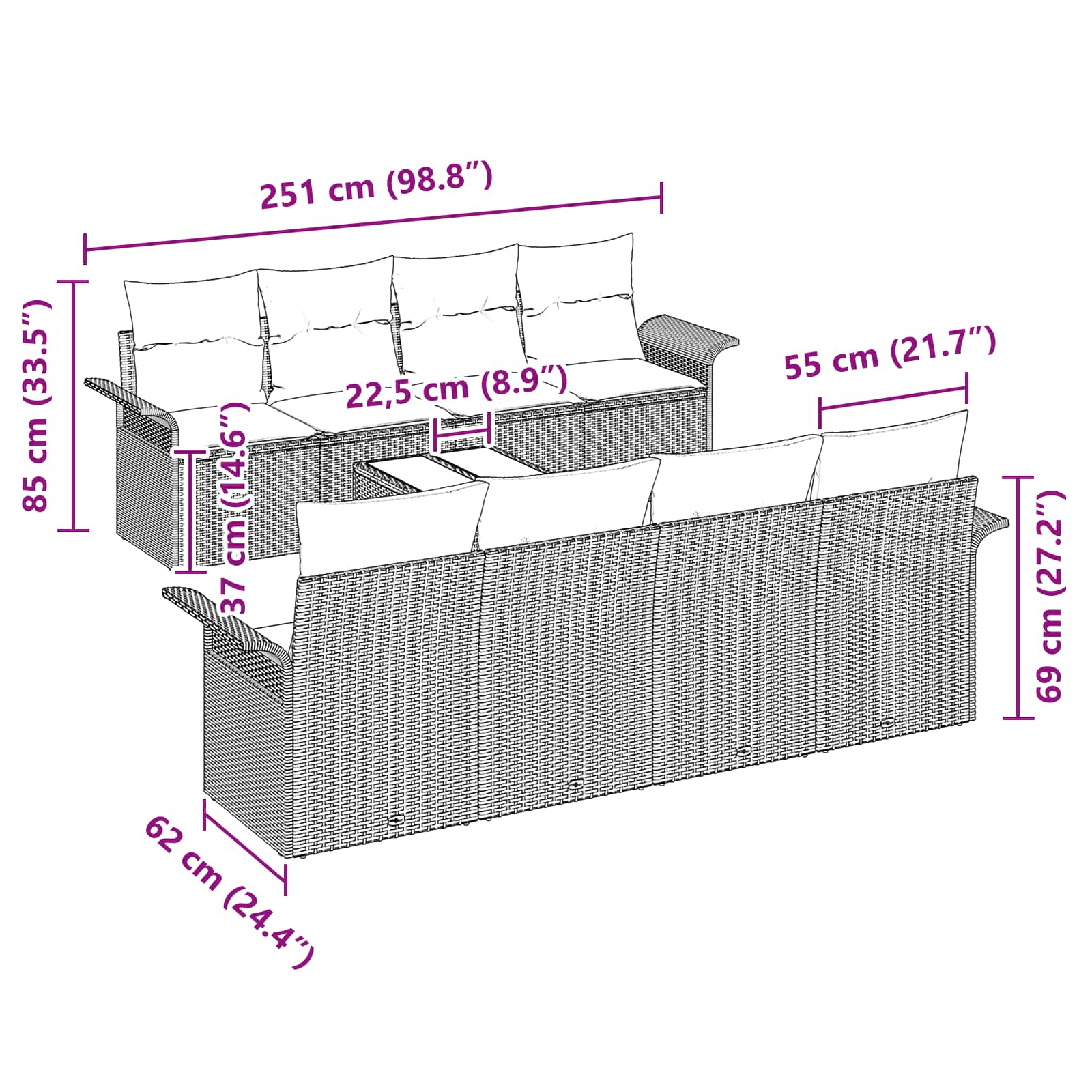 Gartensofa-set mit Kissen 9 pcs Schwarz Poly-Rattan