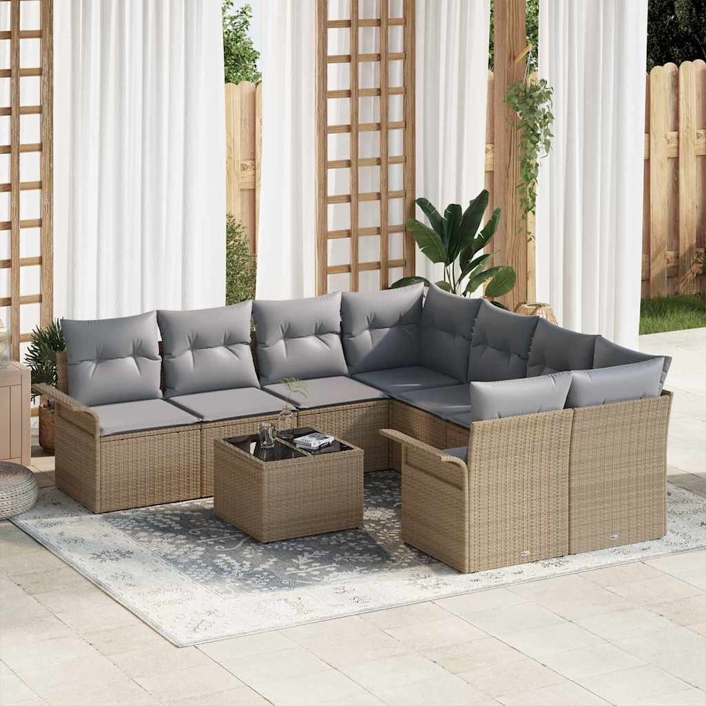 Gartensofa-set mit Kissen 9 pcs Beige Poly-Rattan