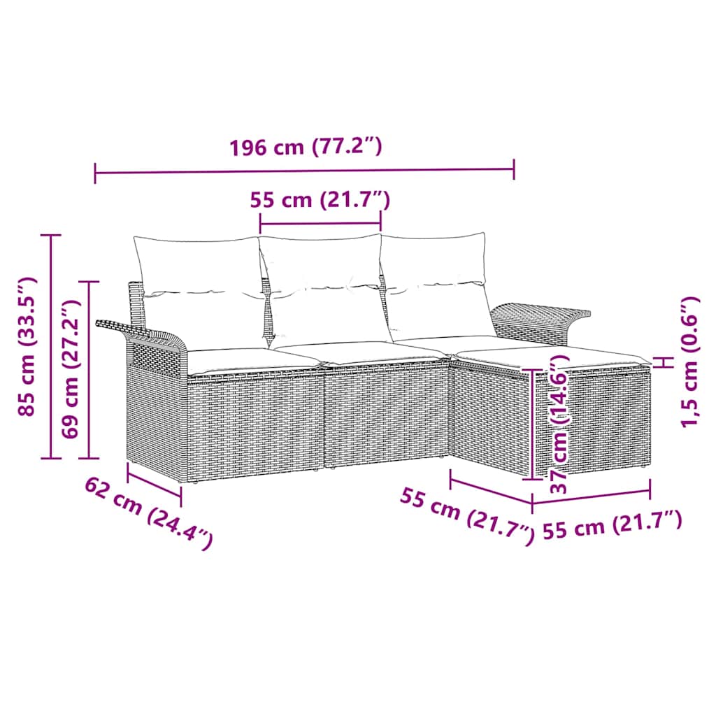 Sofa Set mit Kissen 4 pcs Grau Poly-Rattan