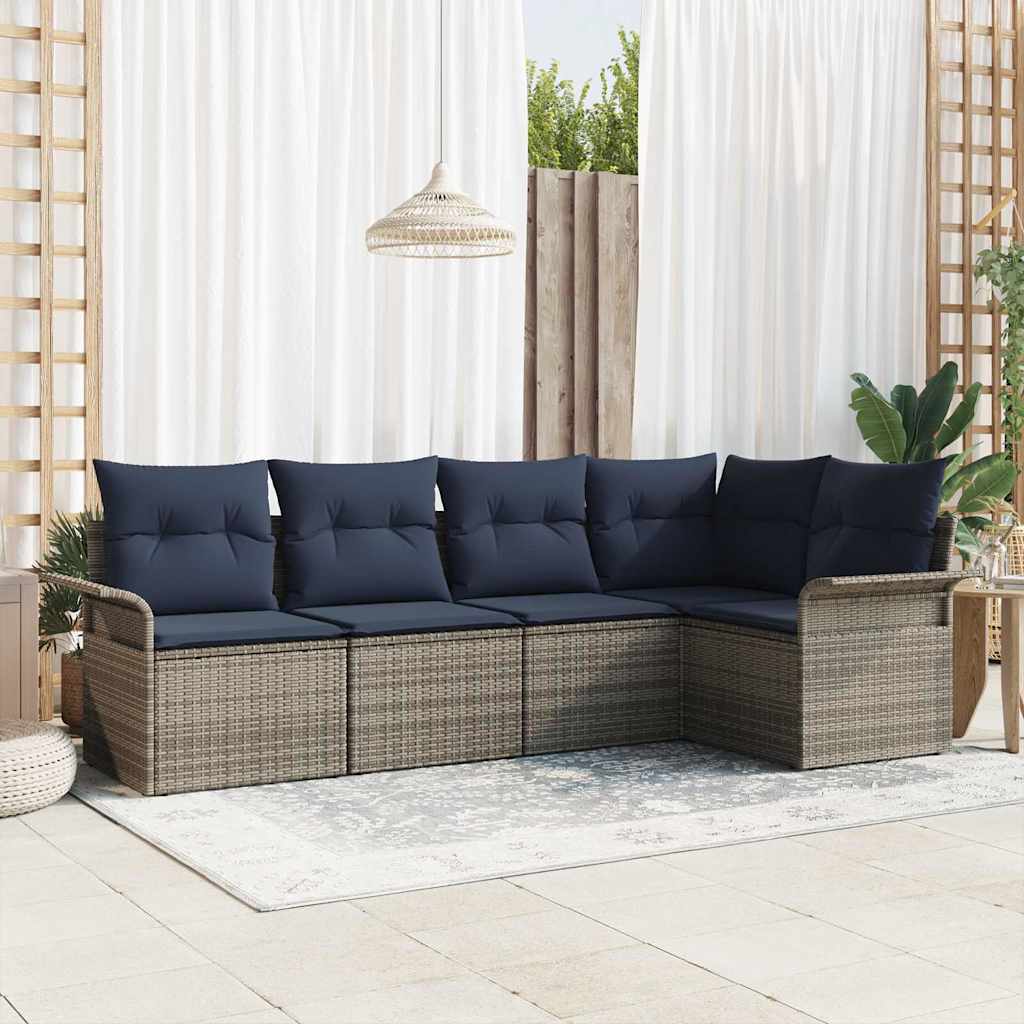 Gartensofa-set mit Kissen 5 pcs Grau Poly-Rattan