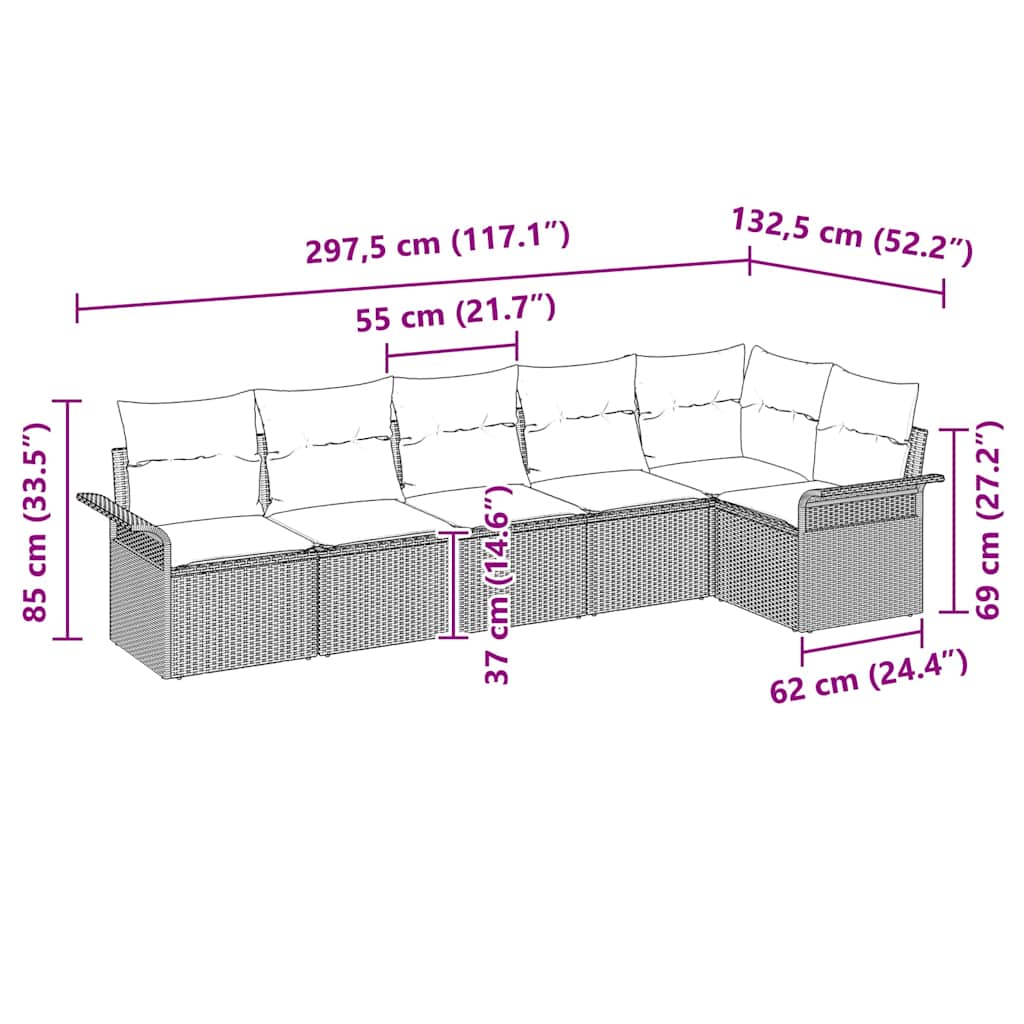 Gartensofa-set mit Kissen 6 pcs Braun Poly-Rattan