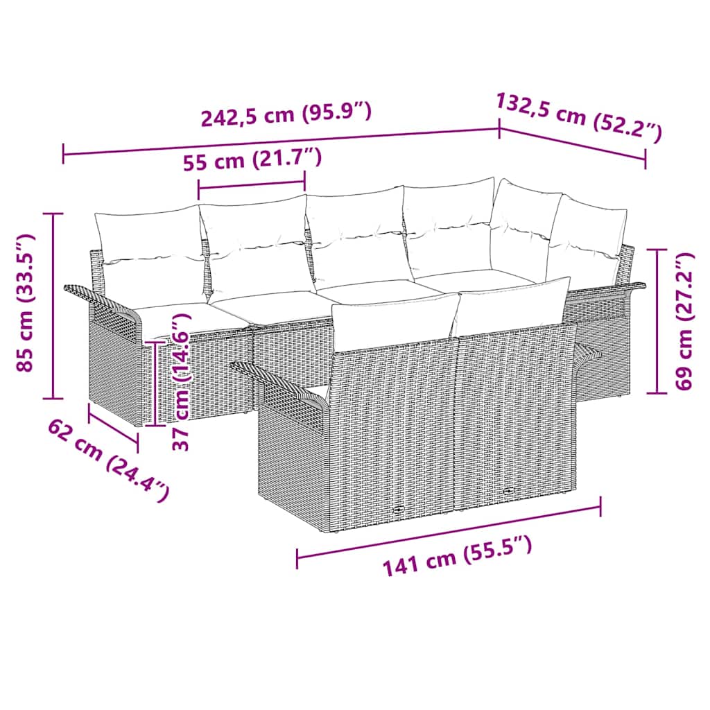 Gartensofa-set mit Kissen 7 pcs Braun Poly-Rattan