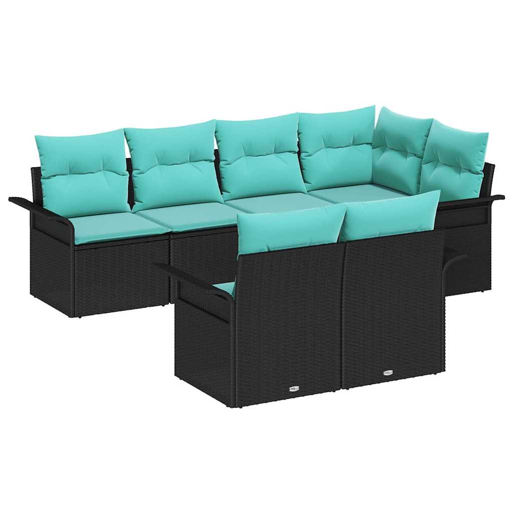 Gartensofa-set mit Kissen 7 pcs Schwarz Poly-Rattan