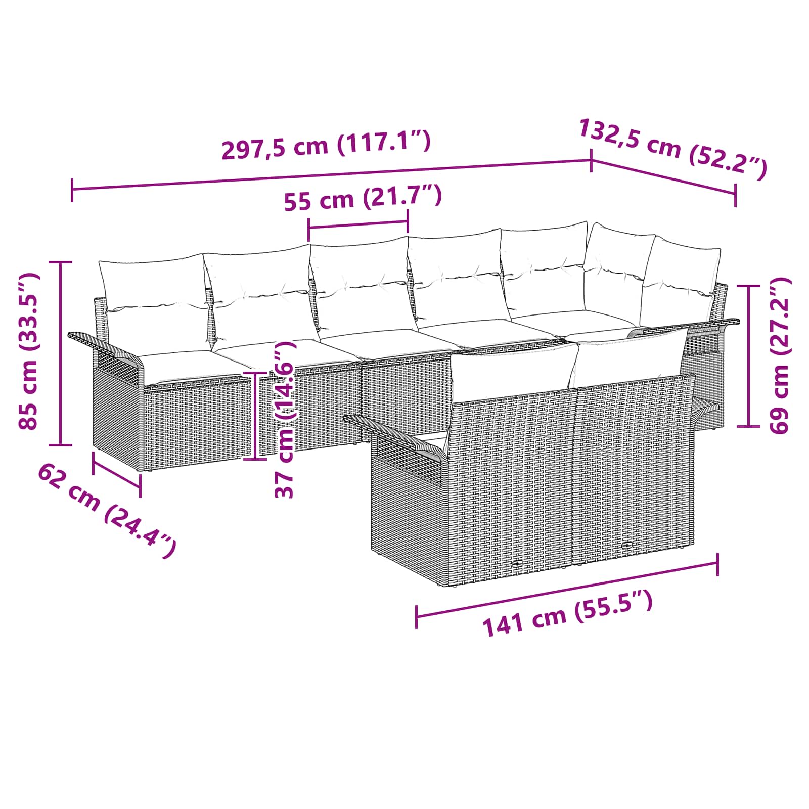 Gartensofa-set mit Kissen 8 pcs Schwarz Poly-Rattan