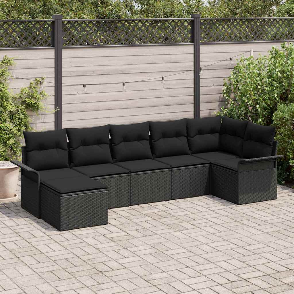 Gartensofa-set mit Kissen 7 pcs Schwarz Poly-Rattan