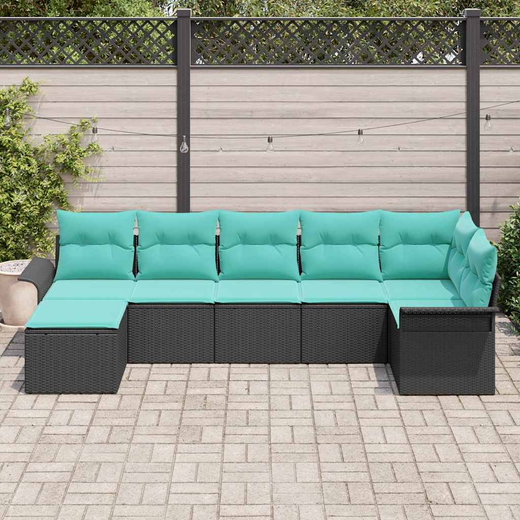 Gartensofa-set mit Kissen 7 pcs Schwarz Poly-Rattan