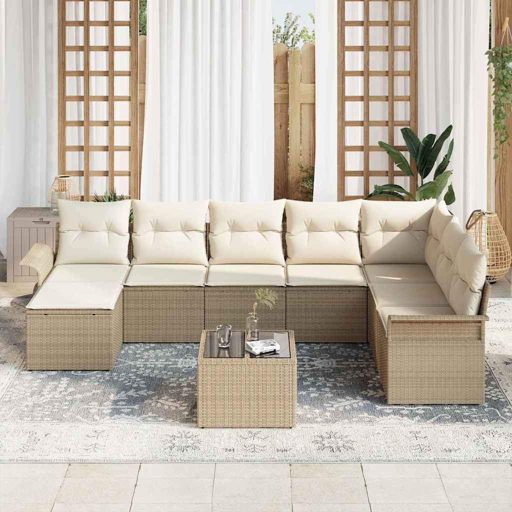 Gartensofa-set mit Kissen 9 pcs Beige Poly-Rattan