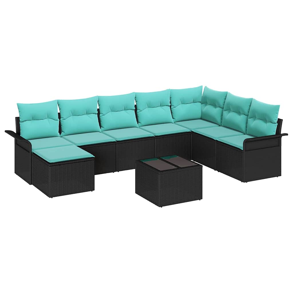 Gartensofa-set mit Kissen 9 pcs Schwarz Poly-Rattan