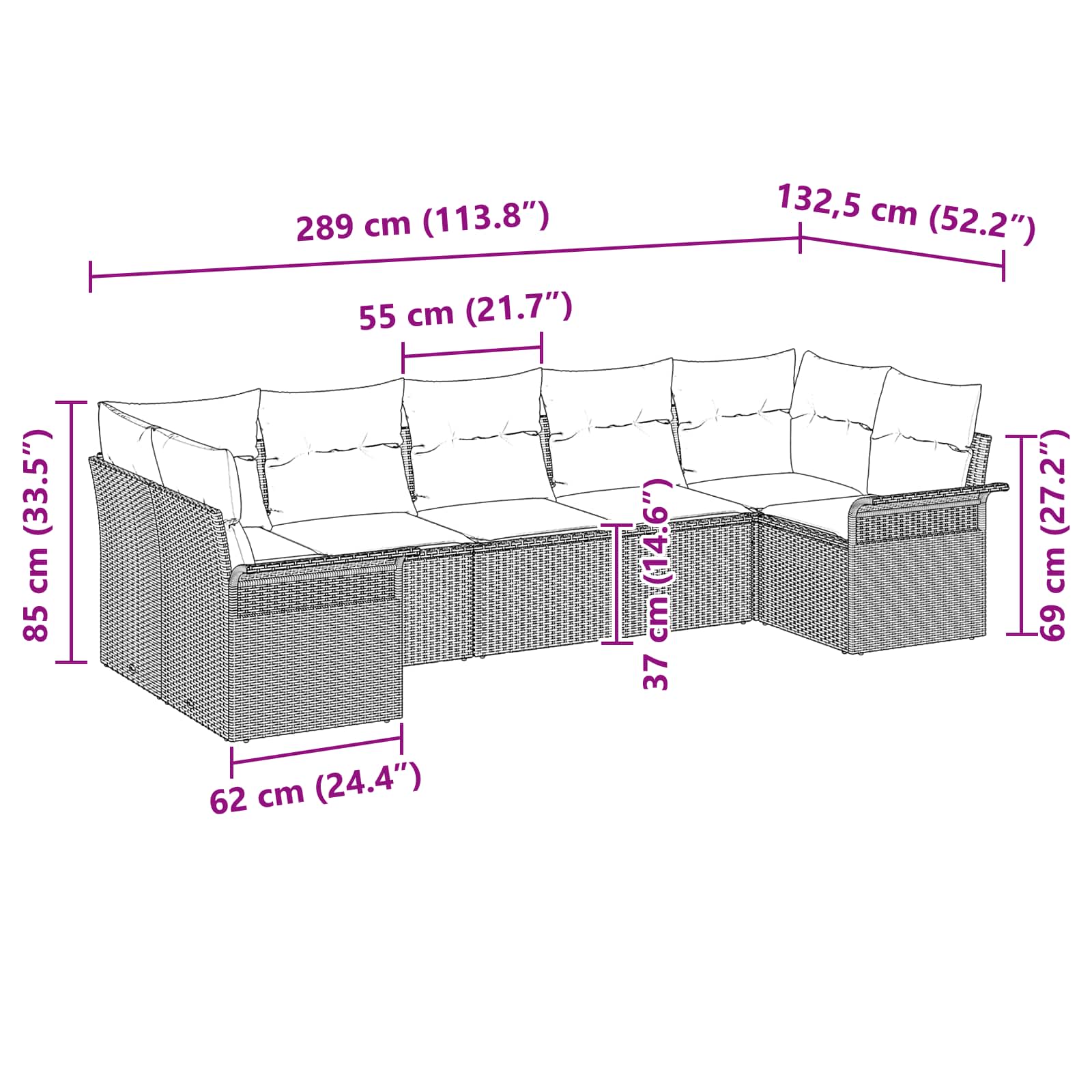 Garten-Sofa-Set mit Kissen 7 pcs Braun Poly Rattan