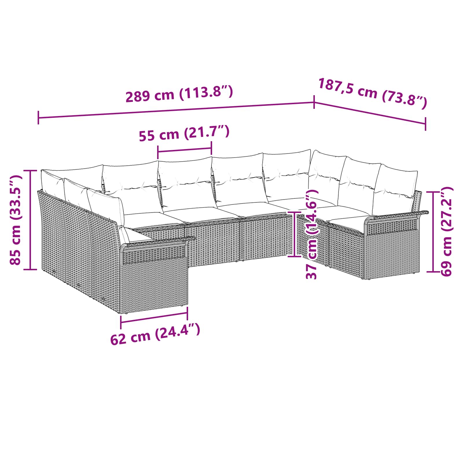 Gartensofa-set mit Kissen 9 pcs Grau Poly-Rattan