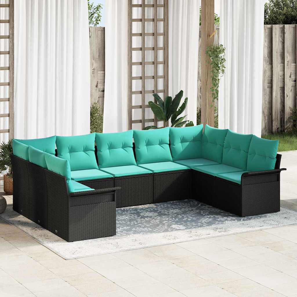 Gartensofa-set mit Kissen 9 pcs Schwarz Poly-Rattan