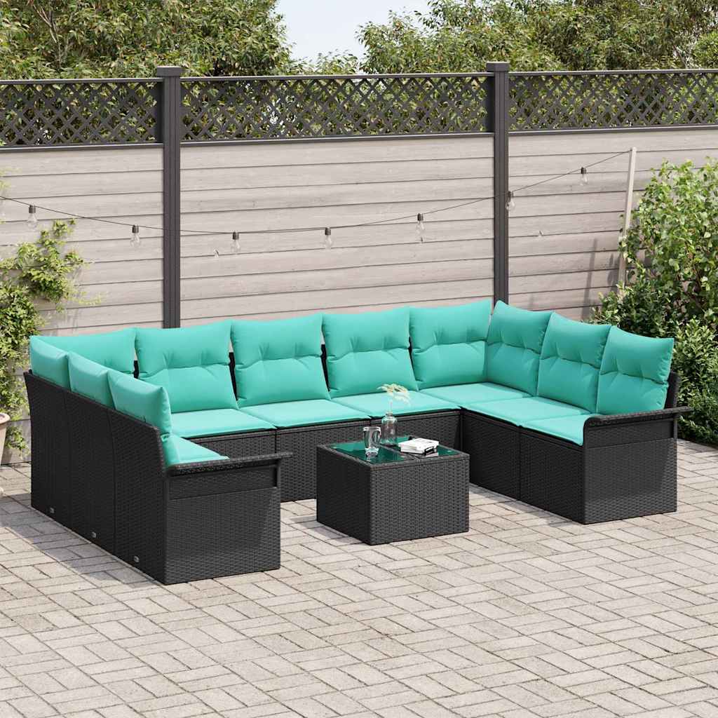 Gartensofa-set mit Kissen 10 pcs Schwarz Poly-Rattan