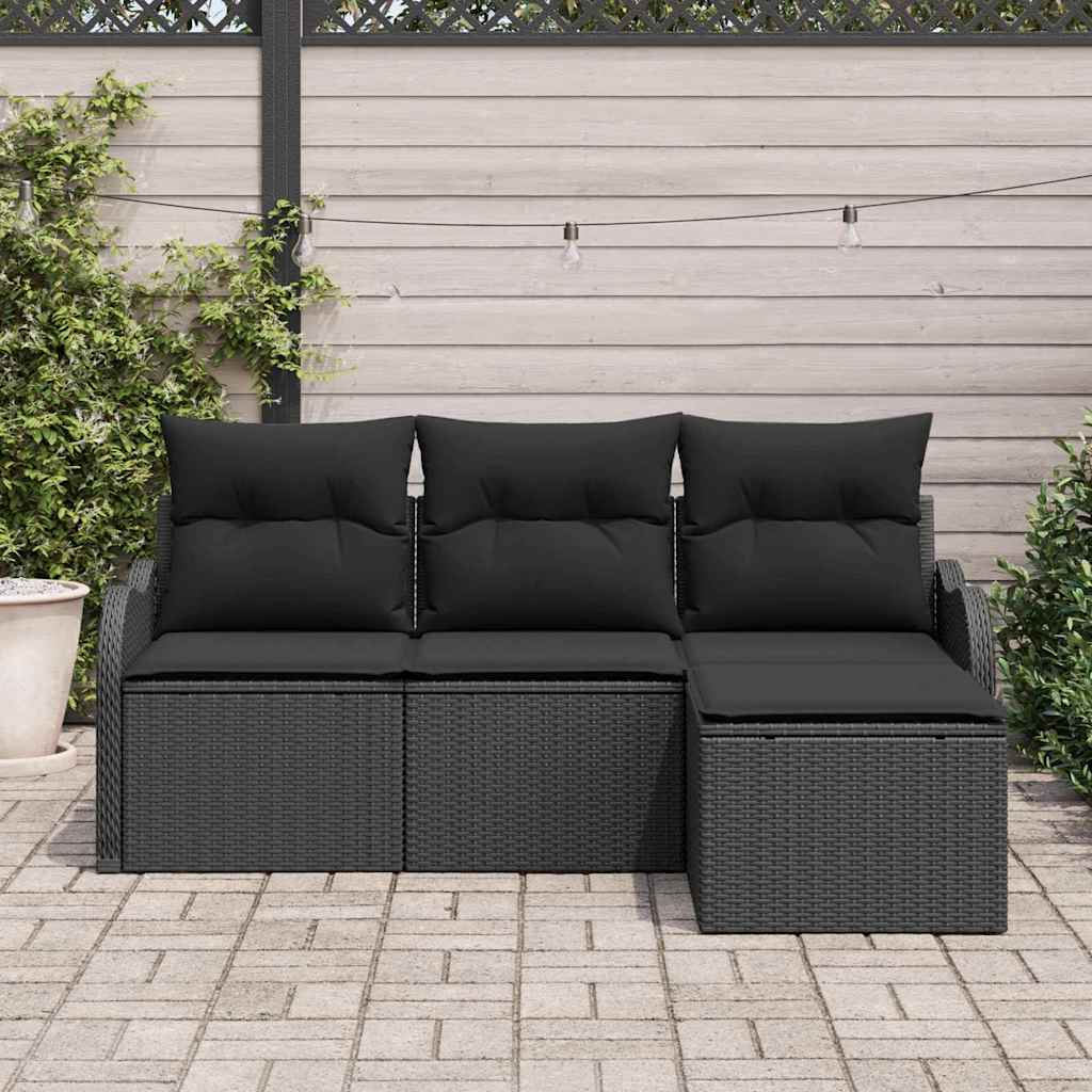 Gartensofa-set mit Kissen 4 pcs Schwarz Poly-Rattan