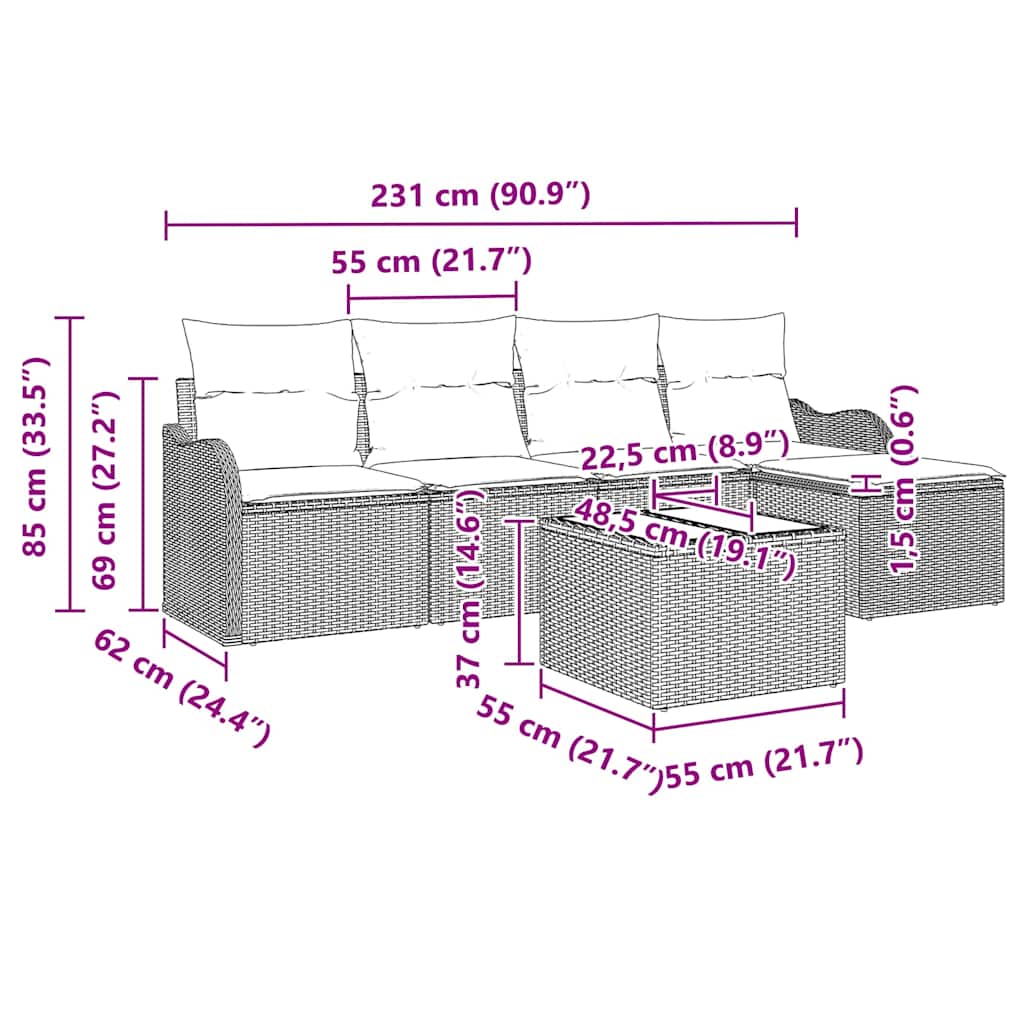 Gartensofa-set 6 pcs Hellgrau Poly-Rattan