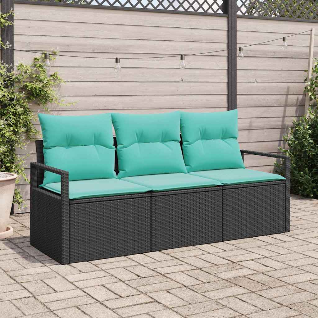 Sofa Set mit Kissen 3 pcs Schwarz Poly Rattan