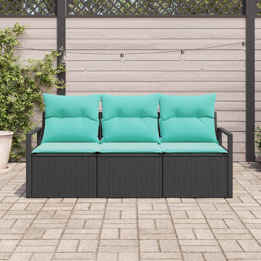 Sofa Set mit Kissen 3 pcs Schwarz Poly Rattan